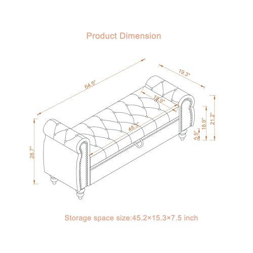 64.5" Bed Bench for Bed Room Nails Tufted Chaise of Lounge with Storage Velvet, view 4