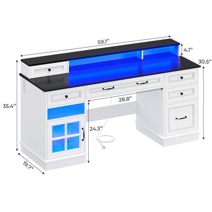 59.1" Executive Desk with File Drawer, Charging Station, White, view 3