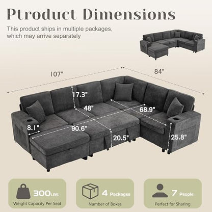 107 Inch Modular Sectional Sofa with Pull Out Bed, 7 Seat U Shaped Sectional Sleeper Sofa with Storage Ottoman, USB Port & 6 Pillows, Sectional Couches for Living Room & Apartment, Modular Couch, Grey
