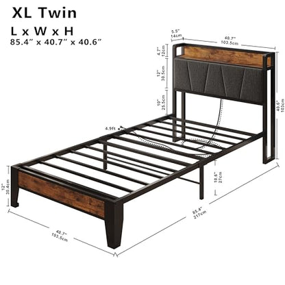 Twin XL Bed Frame with Storage Headboard and Charging Station, view 3