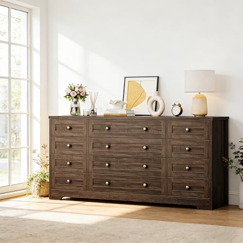 12 Drawer Wooden Dressers for Bedroom, Farmhouse Brown Wood Dresser, view 6