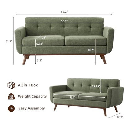 65.2" W Loveseat Sofa, Mid Century Modern Decor Love Seat Couches for Living Room, Button Tufted Upholstered Furniture, Solid & Easy to Install Small Couch for Bedroom Office Apartment, Green