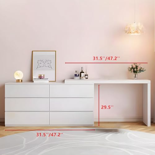LAKIQ Modern White Makeup Vanity Desk with 6 Drawers Storage Manufactured Wood Adjustable Vanity Dressing Table for Small Space Without Mirror Stool (Vanity Desk Only, (31.5"+47.2")L x 16"W x 29.5"H)