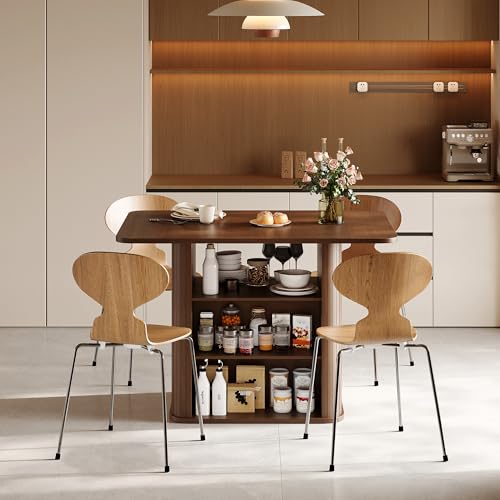 Dining Table for 4, Small Rectangular Kitchen Table for 2 with 3-Tier Storage Shelf, Farmhouse Modern Fluted Wood Table (Walnut)