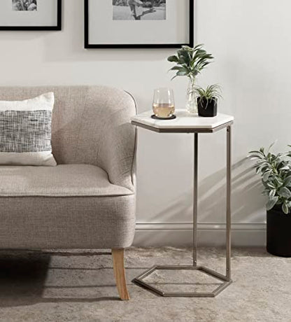 Trillion Modern C-Table; 16 x 14 x 28; Silver; Chic Marble Accent End Table with Geometric Hexagon Top