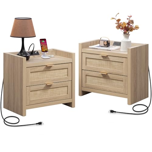 Rattan Nightstand Set of 2 for Bedroom, Bedside Table with Drawers, view 2