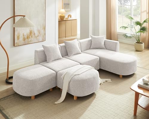 109.84" Modular Sectional Sofa with 3 Pillows, Convertible 5-Seater Comfy Boucle Cloud Couch with Ottoman, Modern Sectional Sofas for Living Room, Office, Apartment (Camel)