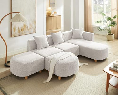109.84" Modular Sectional Sofa with 3 Pillows, Convertible 5-Seater Comfy Boucle Cloud Couch with Ottoman, Modern Sectional Sofas for Living Room, Office, Apartment (Camel)