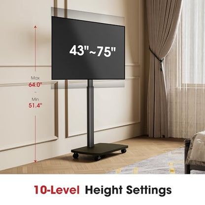 Rolling TV Stand for 43 50 55 60 65 70 75 Inch TVs, Portable Mobile TV Stand on Wheels, 10-Level Height Adjustable TV Cart with Swivel & Tilt Mount for Bedroom/Living Room/Office/Corner