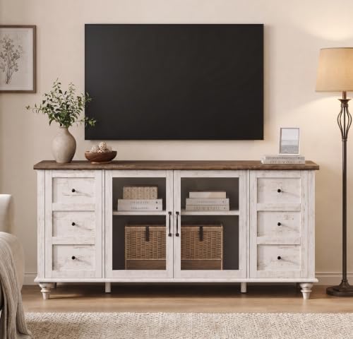 TV Stand for 65 Inch TV, TV Cabinet with Glass Door, Antique White, view 2