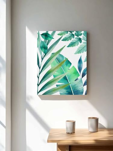 NuYeBiofx Watercolor Summer Palm Leaf Canvas Wall Art Prints,48"x32" Framed Picture Artwork Tropical Green Plant Monstera Printed Canvas Oil Painting for Living Room Bedroom Office,Ready to Hang