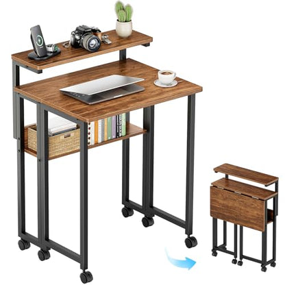 Folding Desk with Adjustable Monitor Stand and Storage Shelf, 24.8in Small Desk with Wheels, Mobile Rolling Table for Small Spaces, Home Office, Walnut