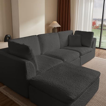 110" Cloud Sectional Couches for Living Room, Convertible L Shape Couch with Ottoman, 3 Seater Modular Sectional Sofa, Gray
