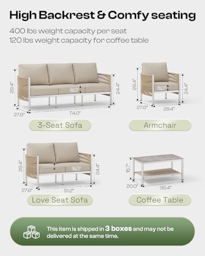Aluminum Outdoor Patio Furniture Set with Dual-Layer Coffee Table, 4 Piece Modern Patio Conversation Sets with PE Rope, Outdoor Sectional Sofa with Thick Cushions for Balcony, Porch, Beige