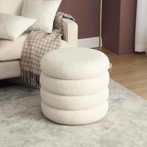 20" Round Storage Ottoman with Removable Lid, Off-White Boucle Fabric Footrest Pouf, Sherpa Tufted Small Coffee Table Vanity Ottoman Foot Stools for Living Room Couch, Bedroom, Dorm, Nursery