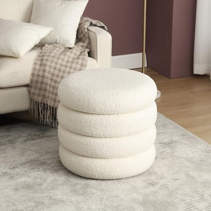 20" Round Storage Ottoman with Removable Lid, Off-White Boucle Fabric Footrest Pouf, Sherpa Tufted Small Coffee Table Vanity Ottoman Foot Stools for Living Room Couch, Bedroom, Dorm, Nursery