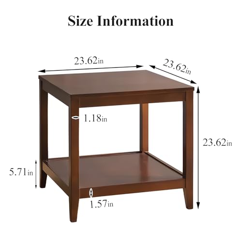 Side Table, Solid Wood Square End Table with Storage Shelf, 2-Tier Coffee Table for Living Room, Rubber Wood Small Sofa Table, Nightstand 23.62 H x 23.62 W x 23.62 D Inches (Walnut)