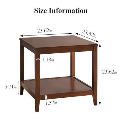 Side Table, Solid Wood Square End Table with Storage Shelf, 2-Tier Coffee Table for Living Room, Rubber Wood Small Sofa Table, Nightstand 23.62 H x 23.62 W x 23.62 D Inches (Walnut)