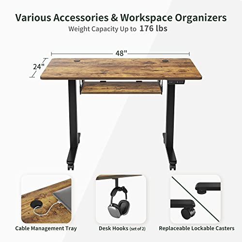 48 x 24 Inches Large Height Adjustable Electric Standing Desk with Keyboard Tray, Ergonomic Workstation for Home Office, Black Frame Rustic Brown Top