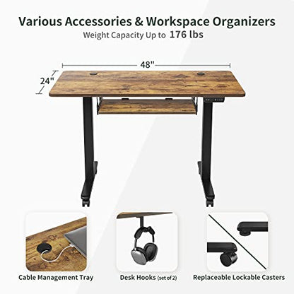 48 x 24 Inches Large Height Adjustable Electric Standing Desk with Keyboard Tray, Ergonomic Workstation for Home Office, Black Frame Rustic Brown Top