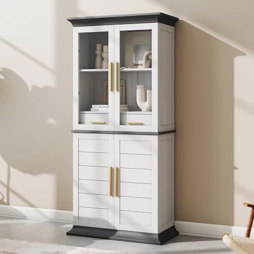 72" High Storage Cabinet with Adjustable Shelves and Drawers, Freestanding Cabinet with Ample Storage Space for Kitchen, Dining & Living Room - White