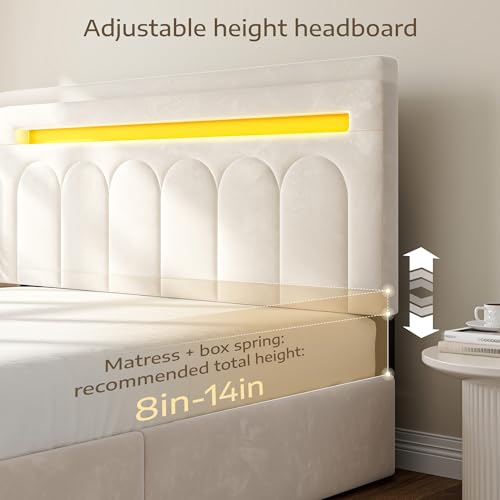 Beige Velvet Bed Frame with Storage and LED Lights, view 7