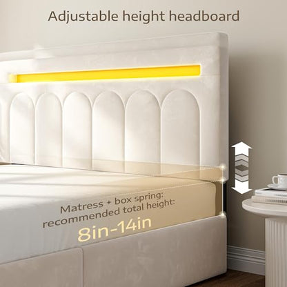 Beige Velvet Bed Frame with Storage and LED Lights, view 7