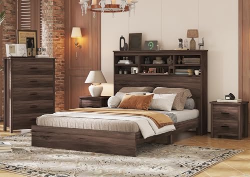 4-Pcs Queen Size Bed Frame & Dresser & 2 Night Stand Bedroom Set, Platform Bed with USB Charging Ports Storage Headboard, Cabinet Dresser with 5 Drawers, Nightstands, Wooden, Dark Walnut
