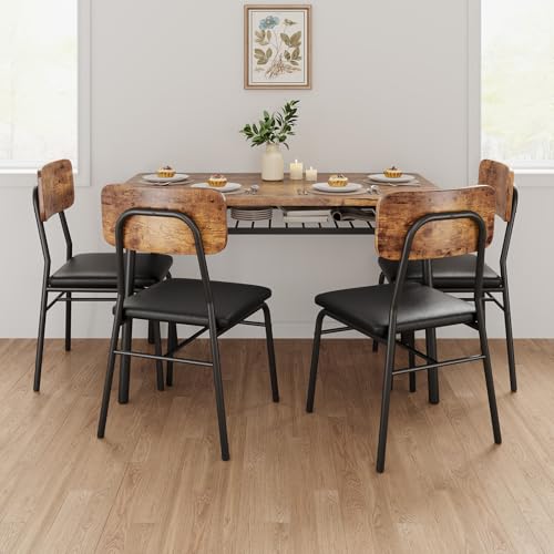 Dining Table Set for 4 with Storage Rack, 5-Piece Kitchen Table and Upholstered Chairs of 4, Wood Tabletop & Heavy-Duty Metel Frame, Dining Room Set for Small Space, Apartment, Brown