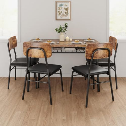 Dining Table Set for 4 with Storage Rack, 5-Piece Kitchen Table and Upholstered Chairs of 4, Wood Tabletop & Heavy-Duty Metel Frame, Dining Room Set for Small Space, Apartment, Brown