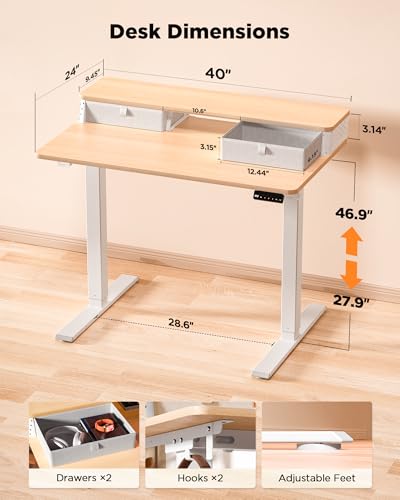 40x24 Inch Standing Desk with Drawers, C-Clamp Mount Compatible, Electric Adjustable Height Computer Small Stand Up Desks, Home Office Sit Stand Table with 3 Preset Heights, Maple