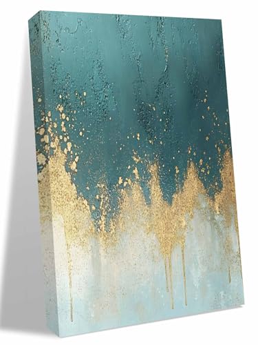 NuYeBiofx Abstract Teal Light Blue Color Block Canvas Wall Art Prints,48"x32" Framed Picture Artwork Modern Gold Splicing Art Printed Canvas Oil Painting for Living Room Bedroom Office,Ready to Hang