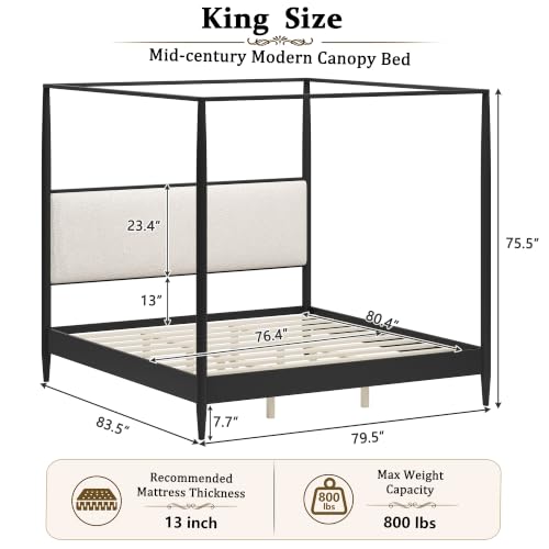 King Size Solid Wood Canopy Bed Frame with Upholstered Headboard, view 3