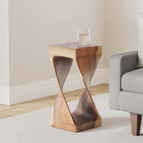 Brown acacia solid wood carved accent side table, view 3