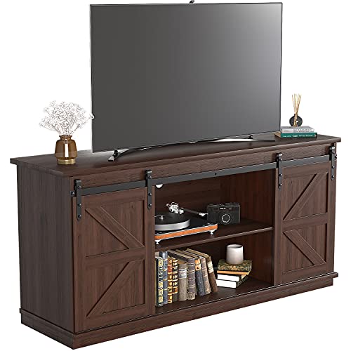 TV Stand for 65 Inch TV, Entertainment Center with Storage Cabinets and Sliding Barn Doors, Mid Century Modern Media TV Console Table for Living Room Bedroom (Brown)