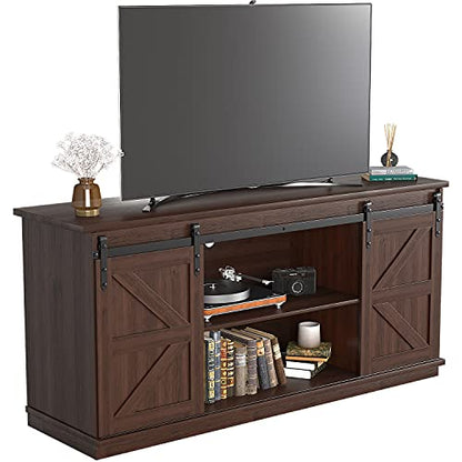 TV Stand for 65 Inch TV, Entertainment Center with Storage Cabinets and Sliding Barn Doors, Mid Century Modern Media TV Console Table for Living Room Bedroom (Brown)