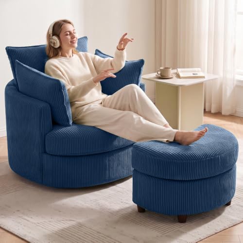 Vanity Accent Chair Swivel Living Room Chairs Curve Back Reading Chair with Armrest, Lounge Chair with Ottoman for Bedroom