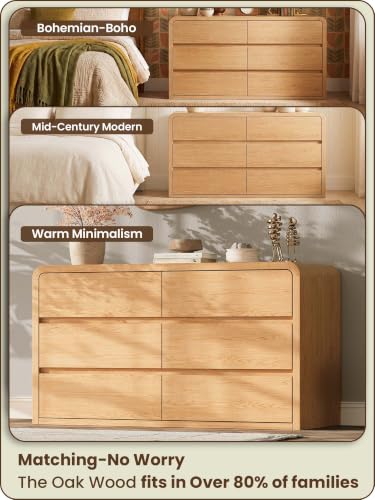 Modern 54" Wide 6 Drawers Dresser with Curved Profile Design,Oak, view 4