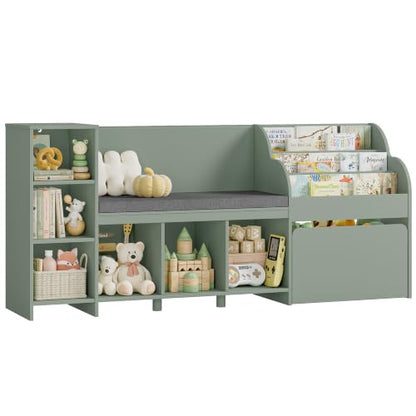 67"W Kids Reading Nook with Bookshelf, Toy Storage Organizer, Green | Cushioned Bench & Large Movable Toy Storage Box on Wheels, 6 Open Cubbies for Ease Fetch, Kid Bookcase for Playroom, Kid Room