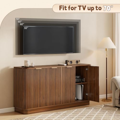 63" Fluted Sideboard Cabinet, 4 Doors, TV Stand Console, Walnut, view 4