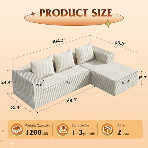 104'' Cloud Sectional Couches for Living Room, Modular Boneless Couch with Left Facing Chaise, L Shape Memory Foam Corduroy, with Cushion, Beige