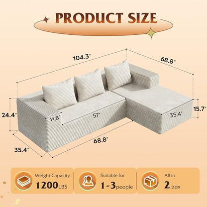 104'' Cloud Sectional Couches for Living Room, Modular Boneless Couch with Left Facing Chaise, L Shape Memory Foam Corduroy, with Cushion, Beige