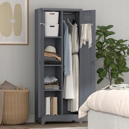 65" H Metal Garage Storage Cabinet,Broom Closet Storage Cabinet with Adjust Shelves,Utility Cabinet,Utility Closet for Garage,Gray