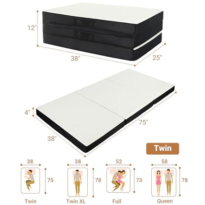 Foldable Mattress Twin, Memory Foam Tri Fold Mattress with Removable Washable Cover, 4 inch Folding Floor Mattresses Nap Pad for Guest, RV, Travel, Camping, White, 75"x38"x4"