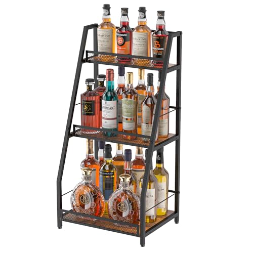 3-Tier Liquor Stand for Home Bar, Stepped Wine Rack Freestanding Floor for Liquor Whiskey Wine, Versatile Corner Wine Bottle Display Stand with Fences, Vintage Brown, Safe Height for Kids & Pets