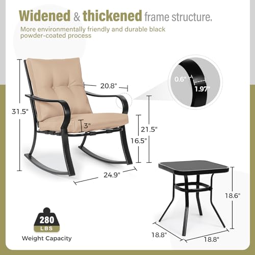 3-Piece Outdoor Rocking Chairs Bistro Set, Black Iron Patio Furniture with Brown Thickened Cushion & Glass-Top Coffee Table