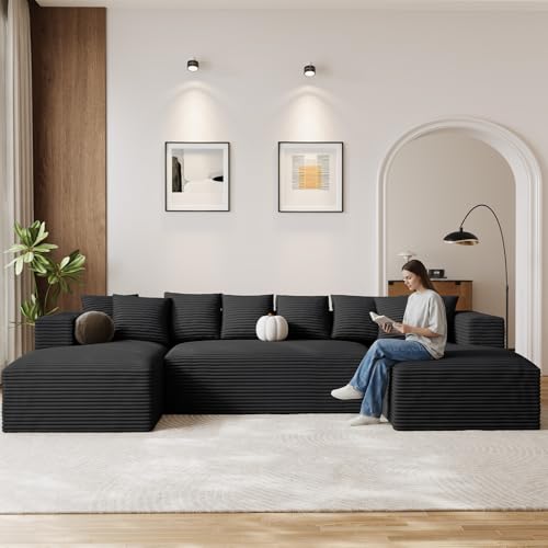 131" Oversized Cloud Boneless Sofa for Living Room, Modern Sectional U Shaped Plush Corduroy Couch, Comfy Deep Seat Boneless Sofas with 8 Pillows Double Chaise Lounge Sectional Couch,Black