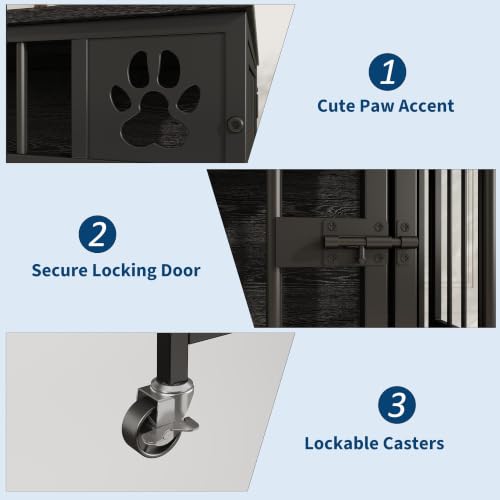 Dog Crate Furniture, 41" Large Dog Kennel with Triple Doors, Black, view 6