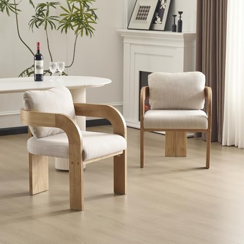 Yorick Modern Dining Chair Set of 2 with Cushion, Solid Wood Dining Room Armchair Set, Curved Backrest Kitchen Side Chair, Living Room Comfy Extra Seat, Natural+Beige