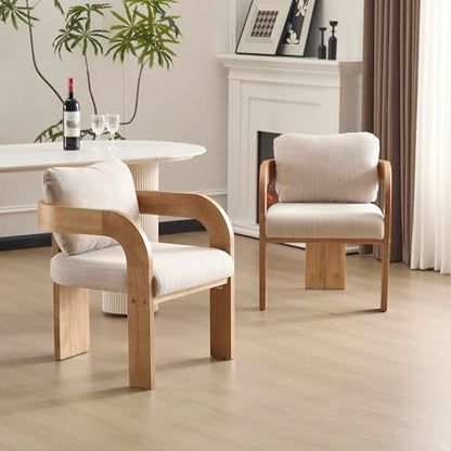 Yorick Modern Dining Chair Set of 2 with Cushion, Solid Wood Dining Room Armchair Set, Curved Backrest Kitchen Side Chair, Living Room Comfy Extra Seat, Natural+Beige